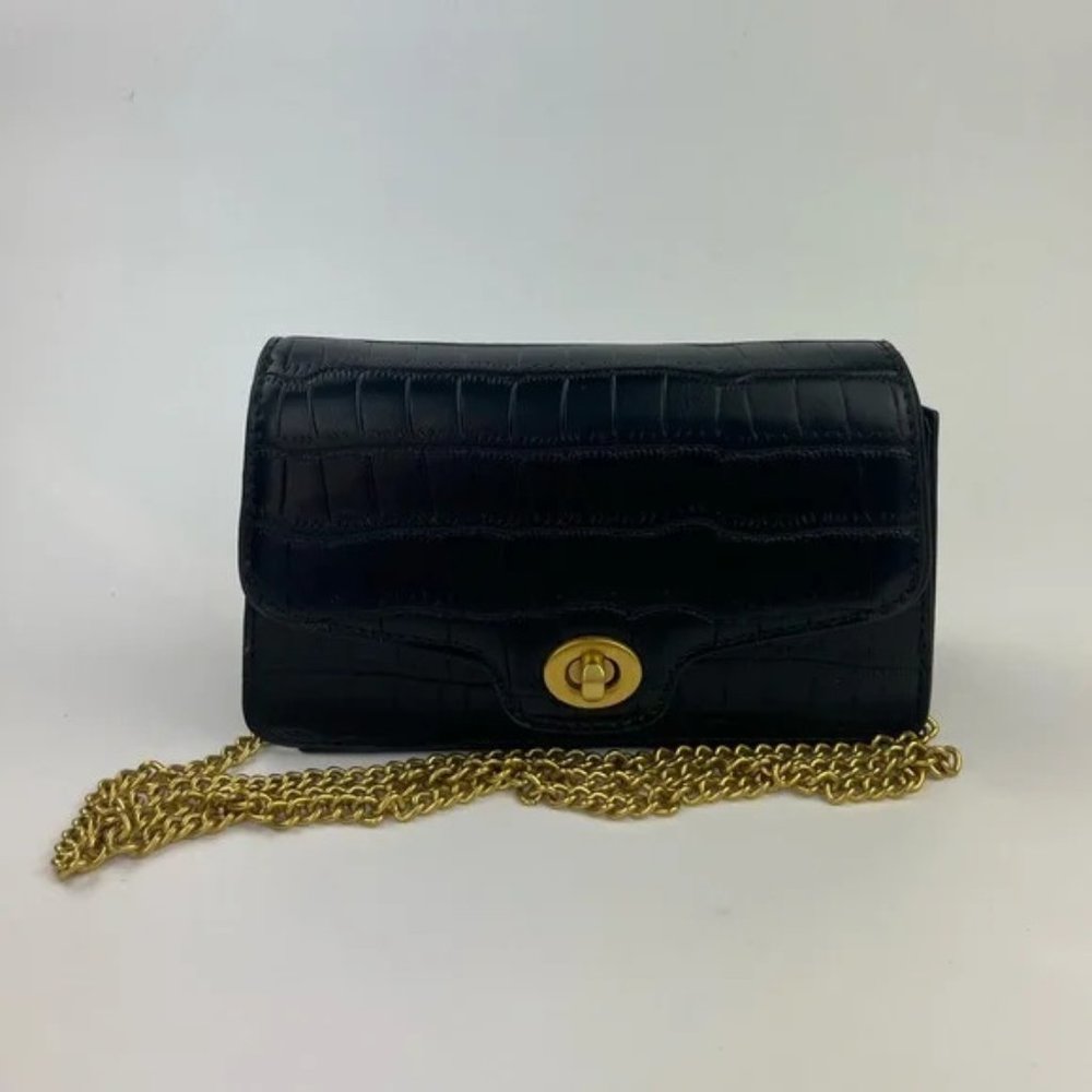 Nove Black Croc-Embossed Vegan Leather Flap Crossbody Bag